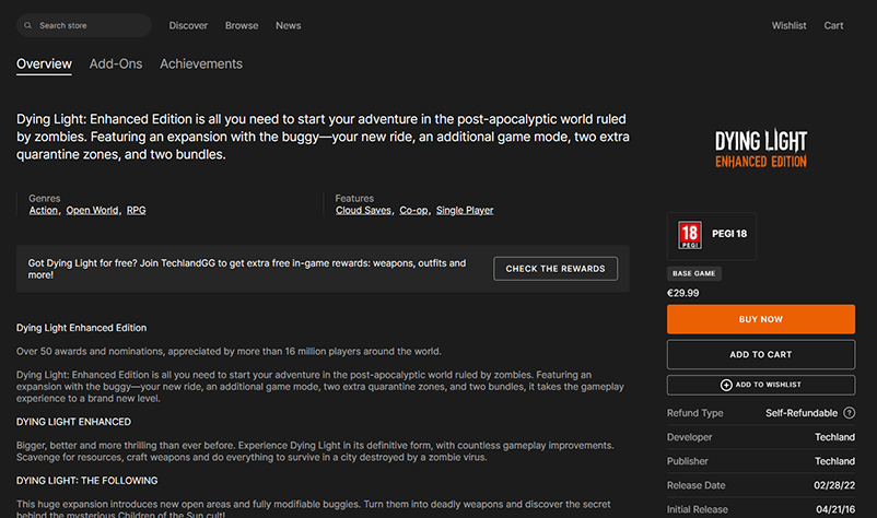 Product page of Dying Light: Enhanced Edition